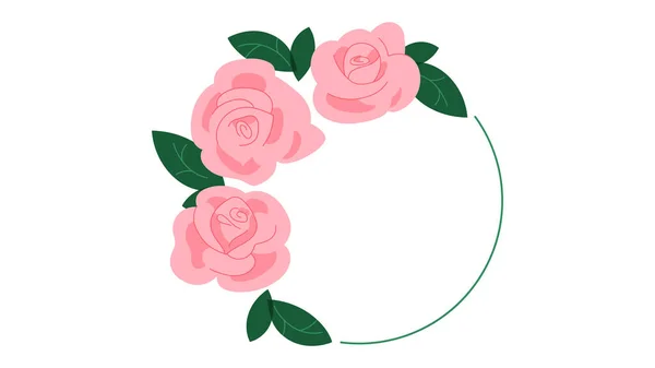 Composition Roses Decorative Ring Three Delicate Pink Roses Leaves Modern — Stock Vector