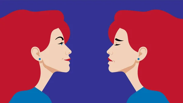双相情感障碍描述抑郁和心情好的女性形象 两个女人的脸从侧面 平面样式的矢量图解 — 图库矢量图片