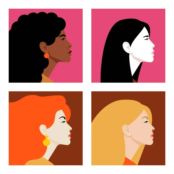 Gesichter Von Frauen Profil Frauen Verschiedener Nationalitäten Und Kulturen Vielfalt — Stockvektor