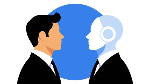 ビジネスマンとロボットが向かい合っている ビジネスの最適化 ロボット化 データ処理における人工知能の概念 サイボーグと人間のベクトル図 — ストックベクタ