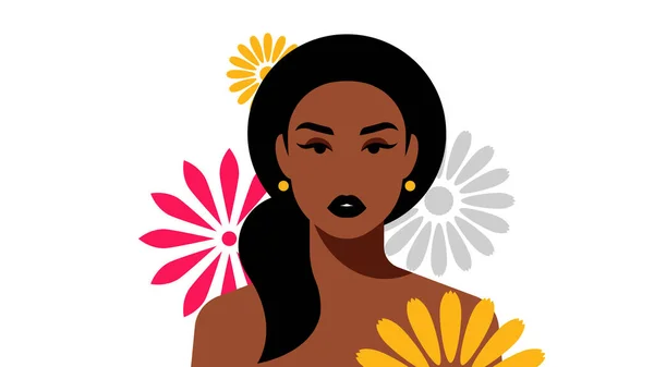 美丽的深色皮肤女人的画像 花朵硕大 布鲁内特 马尾辫 女性肖像 抽象的花卉形状 现代矢量化身 印刷品 — 图库矢量图片