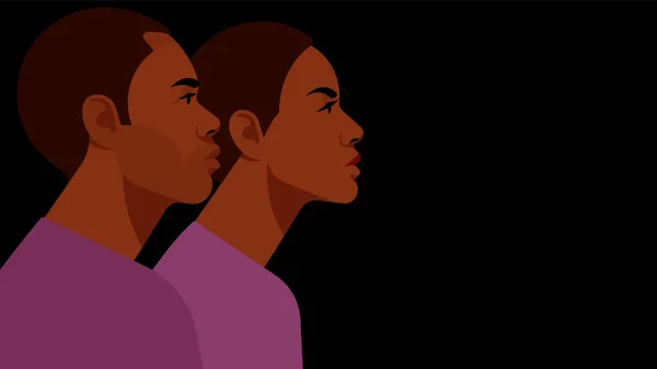 Heldere Zwarte Mensen Donkere Man Vrouw Zijaanzicht Portret Van Gezicht — Stockvector