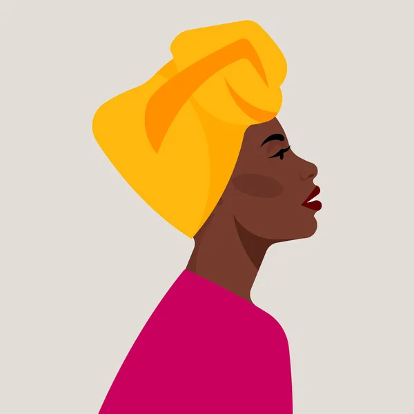 Retrato Mulher Negra Num Turbante Africano Turbante Amarelo Embrulhado Cabeça — Vetor de Stock