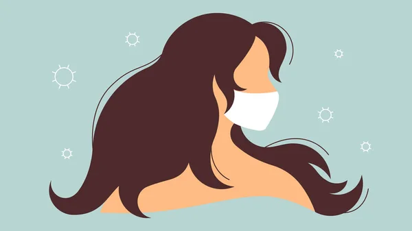 防護医療マスクと女性のシルエット 空気中のウイルスのシンボル 現代女性のプロフィール ロックダウン 呼吸保護の概念 — ストックベクタ