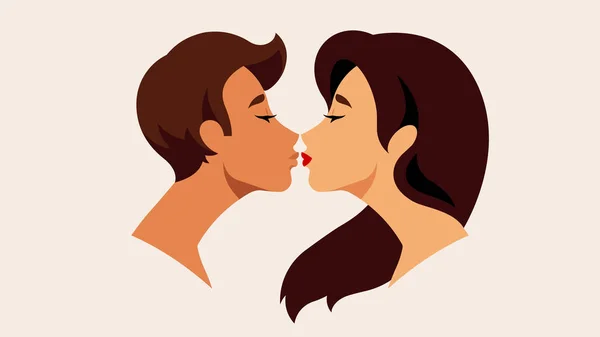 Close Side View Portrait Beautiful Woman Long Hair Kissing Her — Stock Vector