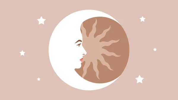 Face Moon Stars Moon Crescent Beautiful Woman Face Astrological Symbol — Stock Vector