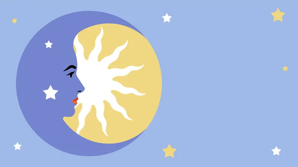 Månansikte Med Stjärnor Månhalvmåne Med Vacker Kvinnas Ansikte Astrologisk Symbol — Stock vektor