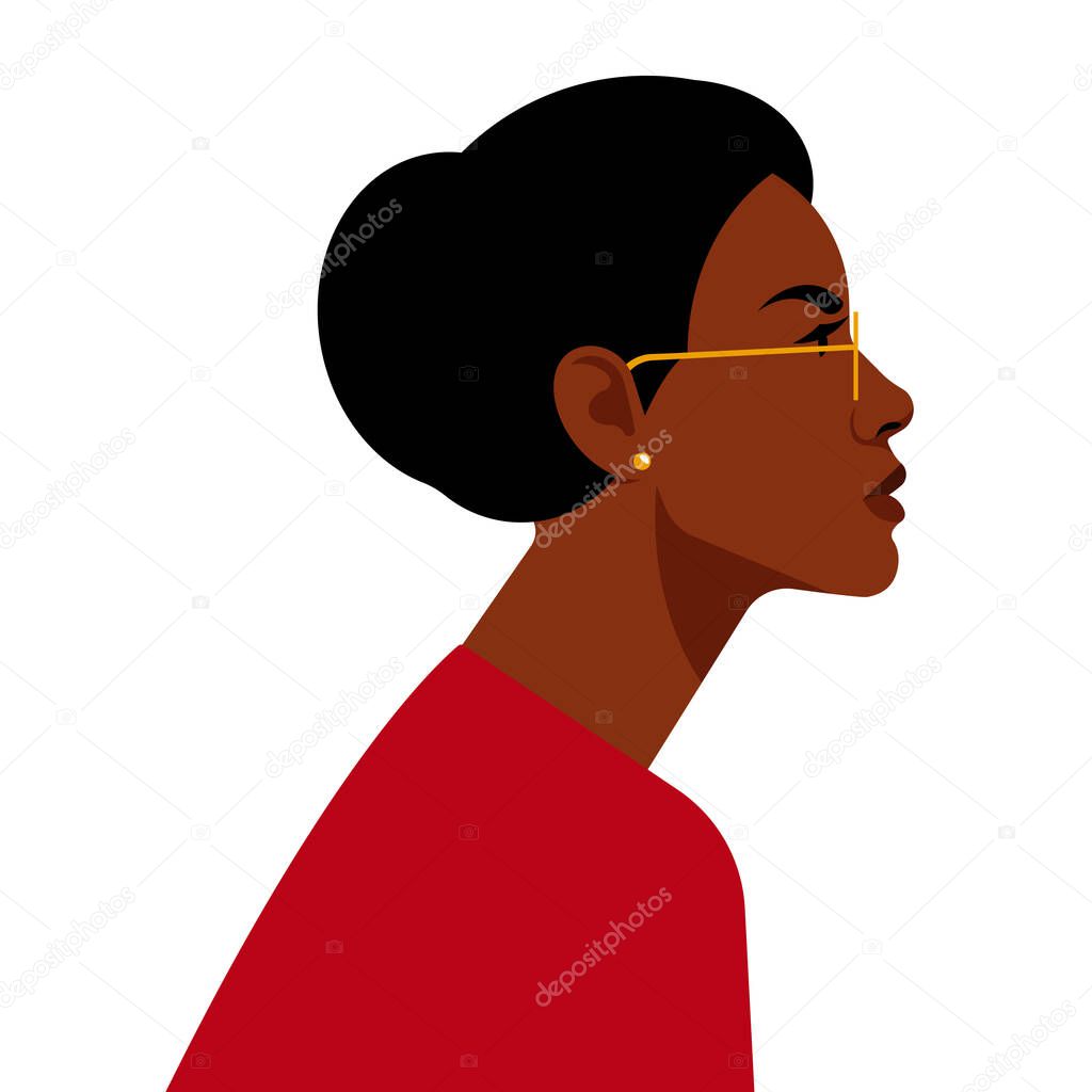 Beautiful black woman. Adult african american in glasses. Portrait of smart woman with beautiful face. Side view. Isolated on a white background.