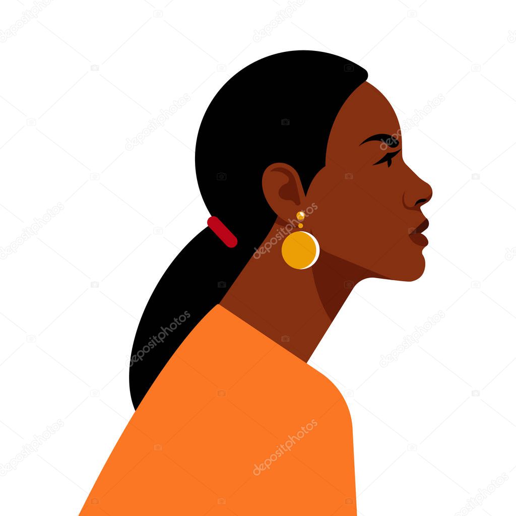 Beautiful black woman. Young african american. Portrait of young woman with beautiful face and ponytail hair. Side view. Isolated on a white background.