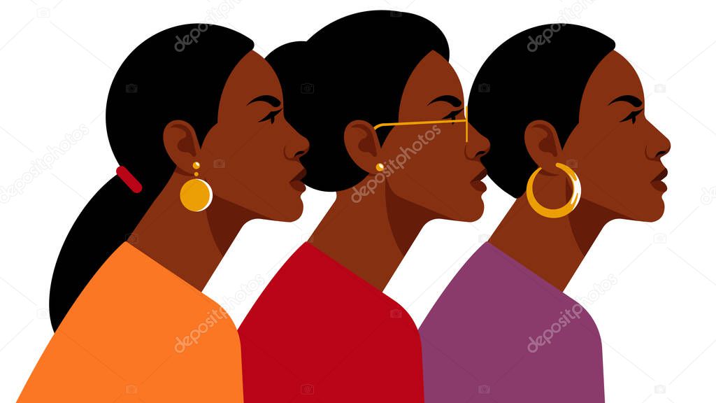 Black women. Group of beautiful women with different hairstyle and clothes. Side view. Modern vector illustration.