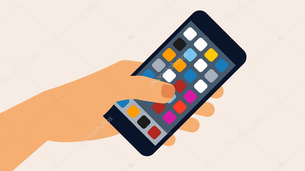 Smartphone in hand. Human hand is holding device with active screen - the screen is filled with abstract application icons. Vector illustration of phone in modern style.