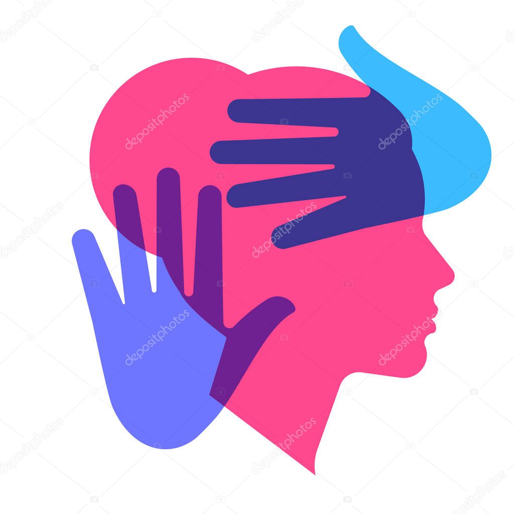 Concept of domestic violence - silhouette of a woman's head and hands in stop gesture. Vector illustration on a white background.