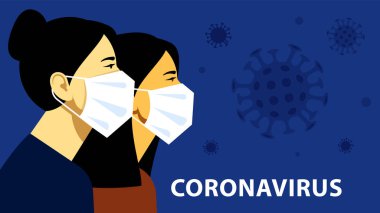 Dünyadaki Coronavirus. Beyaz tıbbi maskeli iki kadın. Havada kadın portreleri ve virüsler var. Koronavirüs konsepti, karantina, tecrit. Sosyal bir konu üzerinde modern vektör illüstrasyonu.