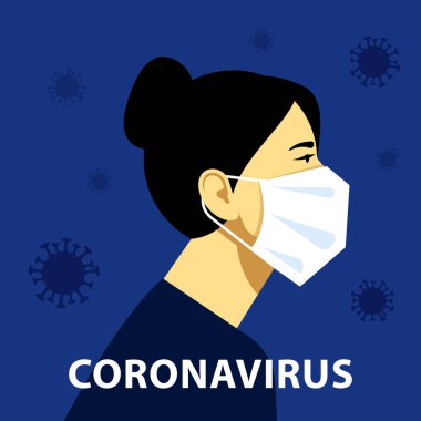 Dünyadaki Coronavirus. Coronavirus (2019-nCoV), beyaz tıbbi maskeli kadın. Havadaki kadın portresi virüslerin etrafını sardı. Koronavirüs konsepti, karantina, tecrit. Sosyal bir konu üzerinde modern vektör illüstrasyonu.