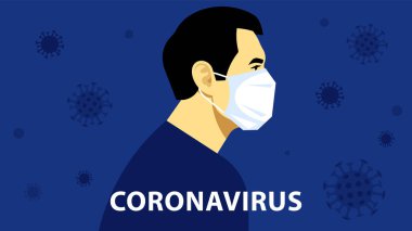 Dünyadaki Coronavirus. Coronavirus (2019-nCoV), beyaz tıbbi maskeli adam. Havadaki erkek portresi virüslerin etrafını sardı. Koronavirüs konsepti, karantina, tecrit. Sosyal bir konu üzerinde modern vektör illüstrasyonu.