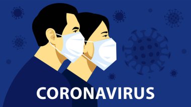Dünyadaki Coronavirus. Beyaz tıbbi maskeli insanlar. Erkek, kadın ve virüsler havada. Koronavirüs konsepti, karantina, tecrit. Sosyal bir konu üzerinde modern vektör illüstrasyonu.