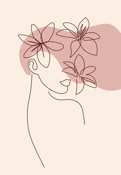 Line Art Poster Woman Female Face Hair Flower Shoulder One — Stock Vector