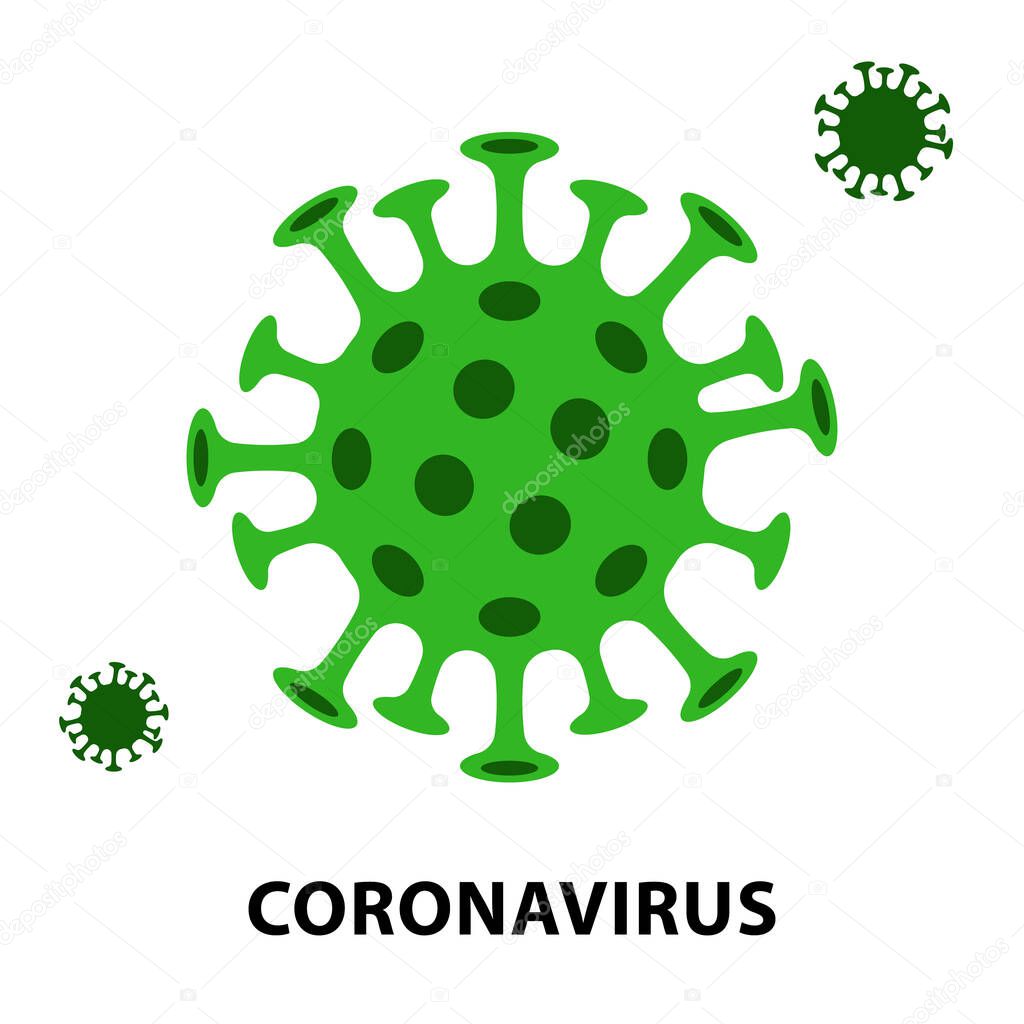 Covid-19 under the microscope. Cartoon virus from scanning electron microscope. Spread of viruses by airborne droplets. Symbol of pandemic, lockdown, infection. Vector illustration.