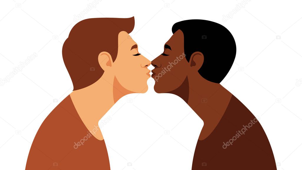 Gay Couple Kiss. Happy multiracial couple kissing. Concept of love, tolerance, freedom, human rights, romance. Portrait of beautiful couple. Modern vector style.