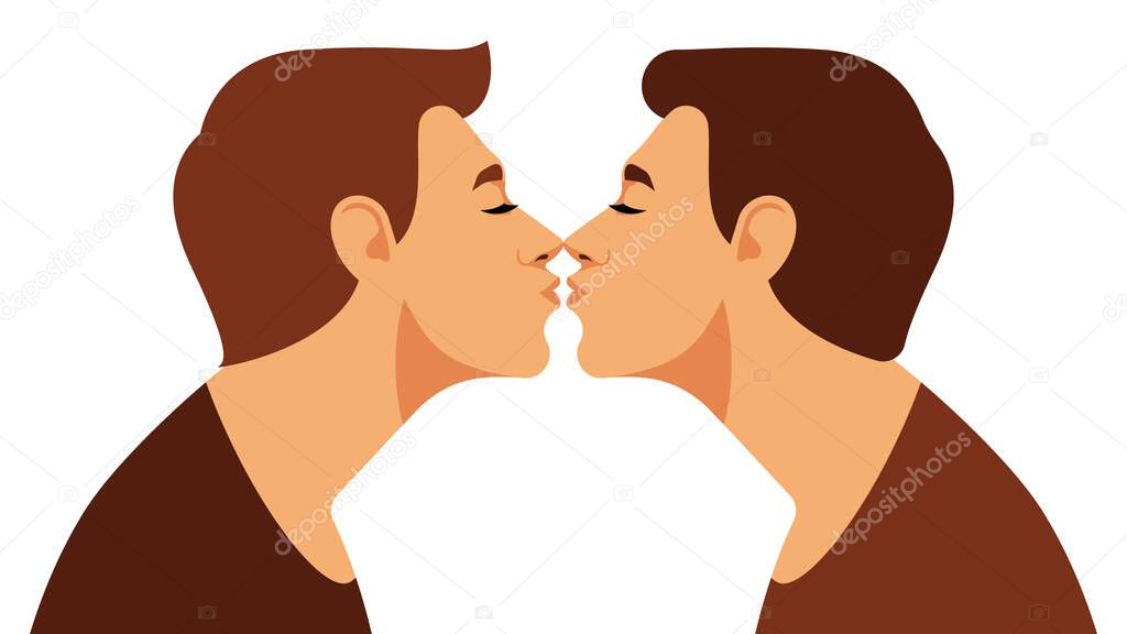 Gay Couple Kiss. Happy couple kissing. Concept of love, tolerance, freedom, human rights, romance. Portrait of beautiful couple. Modern vector style.