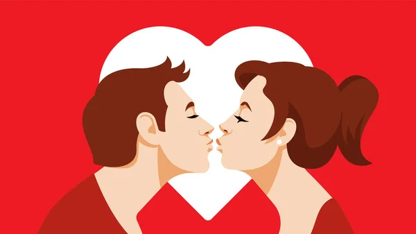 Valentine Day Young Guy Kisses Young Pretty Girl Concept First — Stock Vector