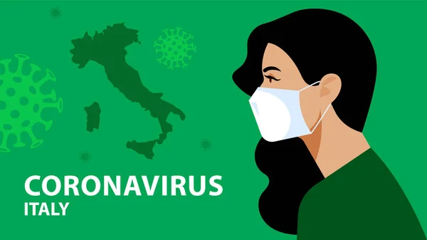 stock vector Young italian woman in respiratory mask. Coronavirus alarm, protection and prevention in Italy, Europe. Italy country shape. Modern vector illustration on social topic.