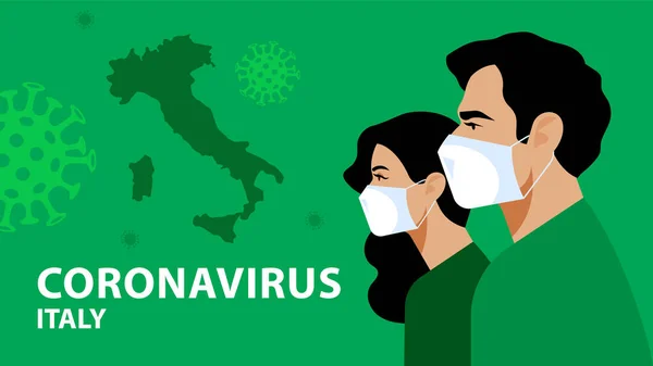 呼吸マスクのイタリア人 コロナウイルス警報 イタリア ヨーロッパでの保護と予防 イタリアの国の形 社会問題に関する現代的なベクトル図 — ストックベクタ