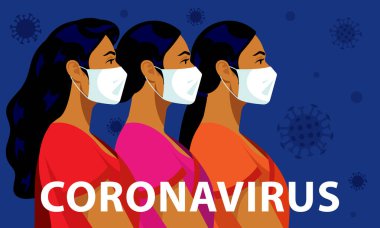 Hindistan 'da Coronavirus. Coronavirus (2019-nCoV), beyaz tıbbi maskeli Hintli kadınlar. Kadın portreleri havadaki virüslerin etrafını sardı. Koronavirüs konsepti, karantina, tecrit. Modern vektör
