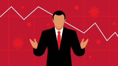 İş adamı ve piyasa grafiği. Arka planda yüzen koronavirüs. Dünyadaki kriz kavramı, borsada ve ekonomide kriz. Modern vektör İllüstrasyonu