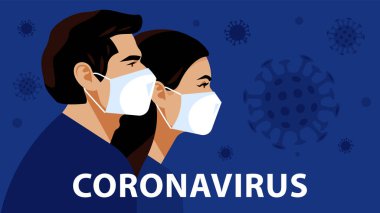 Coronavirus konsepti. Beyaz tıbbi maskeli insanlar. Erkek, kadın ve virüsler havada. Salgın, karantina ve tecrit kavramı. Sosyal bir konu üzerinde modern vektör illüstrasyonu.