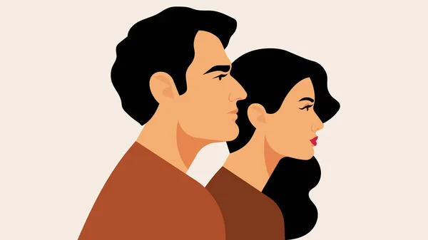 Una Pareja Brillante Está Mirando Una Dirección Hermosa Mujer Con — Archivo Imágenes Vectoriales