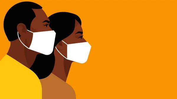 Gente Negra Con Máscaras Médicas Lugares Públicos Ilustración Vectorial Con — Vector de stock