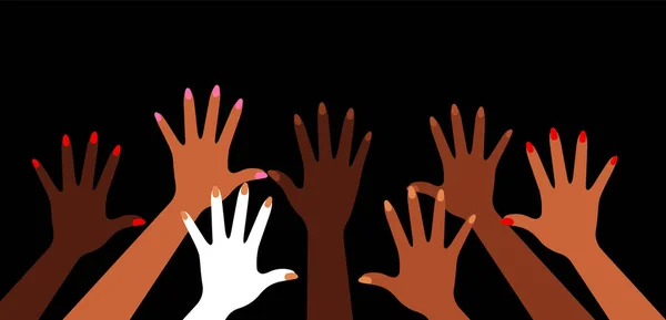 手を上げ 異なる肌の色 多様性 異なる民族の人々 民族多様性の概念 — ストックベクタ