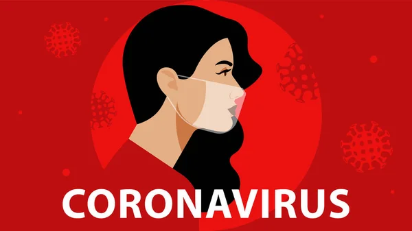 世界中のコロナウイルス コロナウイルス 2019 Ncov 白人女性呼吸器マスク 女性の肖像画は 空気中のウイルスを囲みます コロナウイルスの概念 ロックダウン 現代的なベクトルスタイル — ストックベクタ