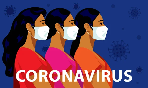 インドのコロナウイルス コロナウイルス 2019 Ncov 白い医療面のインドの女性 女性の肖像画は 空気中のウイルスを囲みます コロナウイルスの概念 ロックダウン 現代のベクトル — ストックベクタ