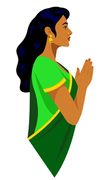 Krásná Indická Žena Tradičním Oblečení Jasně Zelené Sárí Ženský Portrét — Stockový vektor