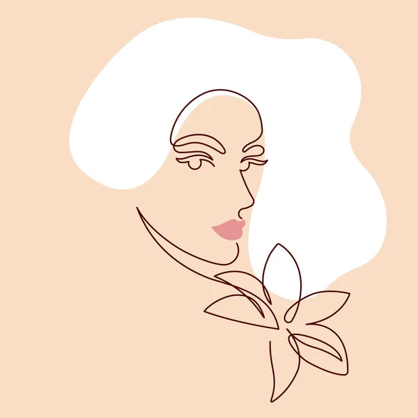 Retrato Mujer Arte Línea Cara Femenina Con Pelo Hombro Flor — Vector de stock