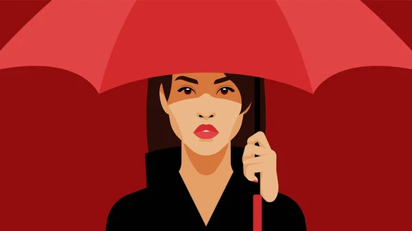 Chica Con Paraguas Rojo Hermosa Morena Sostiene Paraguas Rojo Mano — Vector de stock