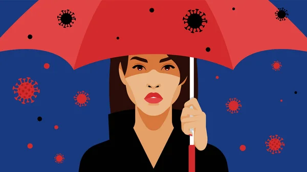 傘のきれいな女の子 空気中の浮遊インフルエンザウイルス コロナウイルスの概念 ロックダウン 社会問題に関する現代的なベクトル図 — ストックベクタ