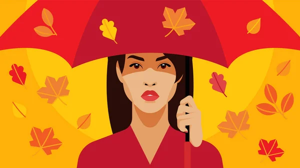 Pád Listí Krásná Dívka Zblízka Žena Pod Červeným Deštníkem Walking — Stockový vektor