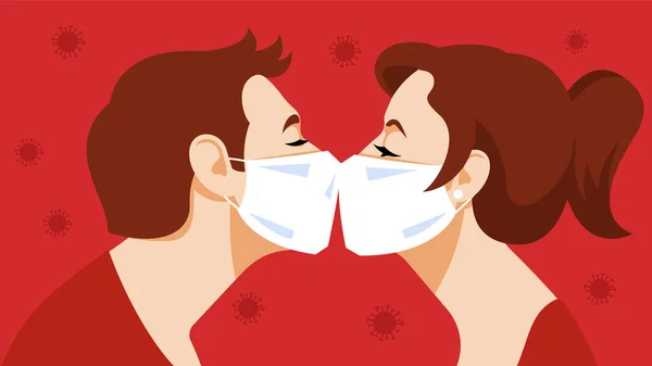 Beso Par Besos Con Máscara Médica Amor Ternura Modo Pandémico — Vector de stock