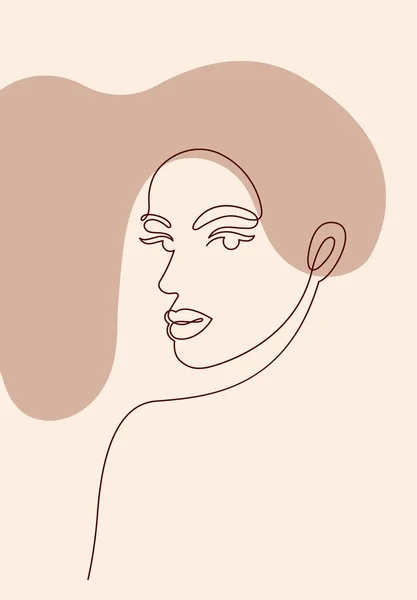 女性とラインアートポスター 髪の女性の顔 肩の1行の描画 現代手描き抽象線画 — ストックベクタ