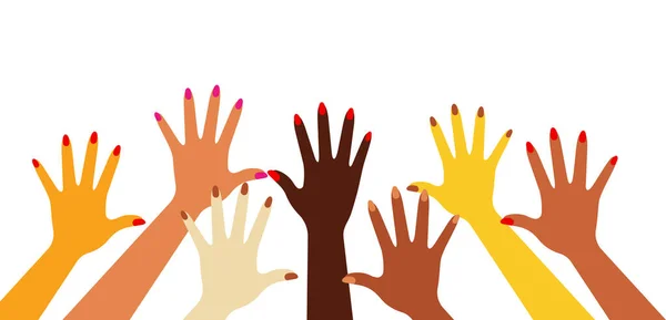 女性の手が上げられます 異なる民族の女性が彼らの手を挙げて証明した 挨拶の概念 現代のベクターイラスト — ストックベクタ