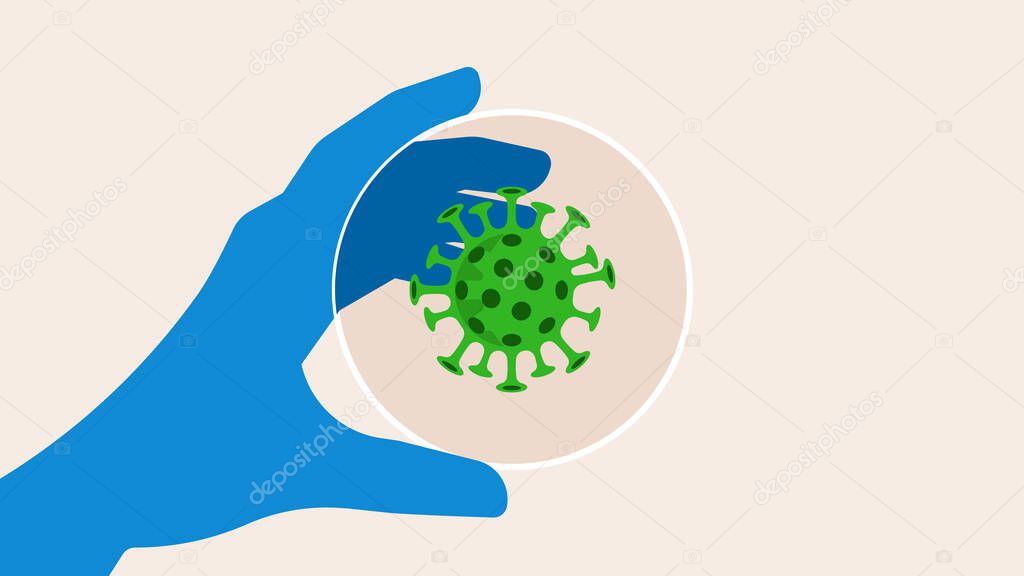Close-up Coronavirus in the laboratory. Scientists hand with Petri dish. Cartoon virus from scanning electron microscope. Vector illustration.