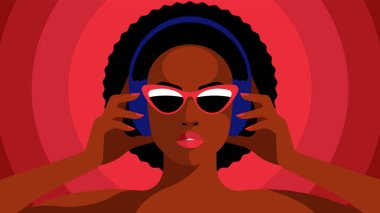 Parlak siyah kadın kulaklıkla müzik dinliyor. Dişi Müzik Aşığı en sevdiği müzik listesini ya da ses sohbetini dinliyor. Güneş gözlüklü güzel bir kadının kadın avatarı. Modern Vektör illüstrasyonu.