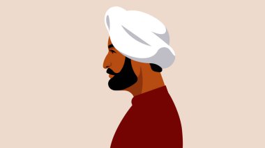 Gerçekçi Hintli erkek portresi. Sarıklı çekici olgun sih adam. Hindistan 'a hoş geldiniz. Bir kişi, yan görüş, izole edilmiş. Modern vektör erkek fase, avatar, baş.
