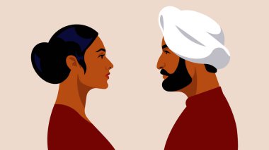 Hintli çift. Saç stili olan güzel bir kadın ve türbanlı Hintli sih bir adam. Hindistan 'a hoş geldiniz. Beyaz arka planda iki kişi izole edilmiş. Modern vektör portreleri. 