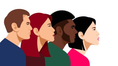 Çok ırklı gençler grubu. Güzel erkekler ve kadınlar aynı yöne bakıyor. Öğrencilerin, eylemcilerin, meslektaşların, üyelerin soyut portreleri. Modern düz vektör illüstrasyonu.