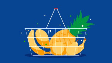 Tropikal meyveli alışveriş sepeti. Ananas, muz, armut, mango. Doğal gıdalar, vitaminler, besinler, besinler. Sağlıklı ve sağlıklı beslenme kavramı. Fruitorianizm.