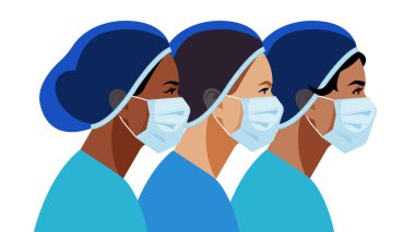 Tıp maskeli ve şapkalı hemşireler. Çok ırklı bir grup insan tıbbi işlerle uğraşıyor. Doktor, hemşire, cerrah, asistan. İnsanlar için bakım, tedavi, hayat kurtarma. Vektör modern resimleme.